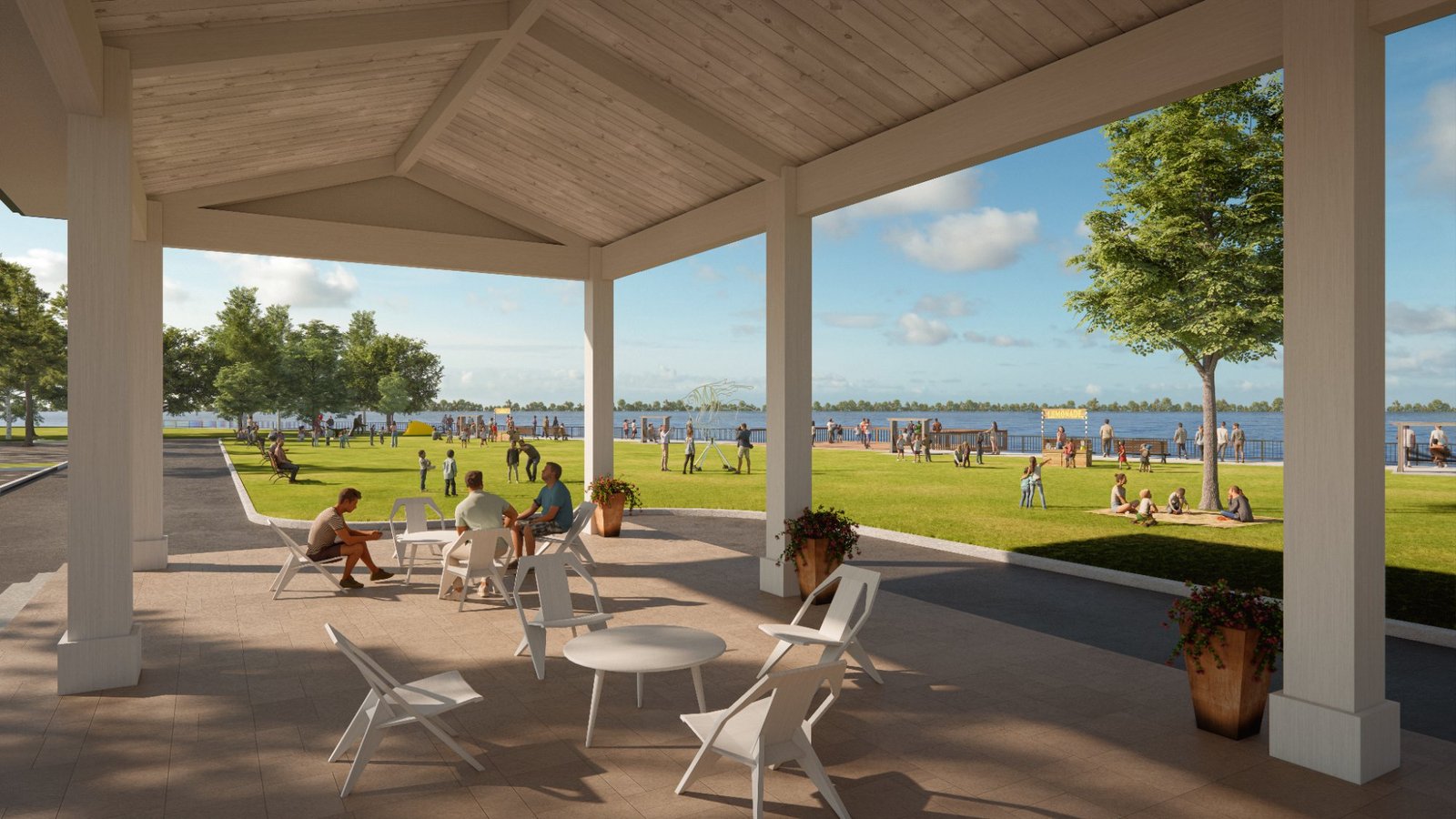Rendering of proposed Saybrook Point waterfront park — summer view