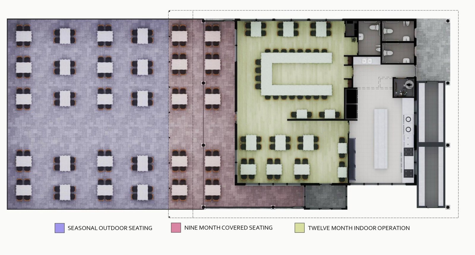 Restaurant floor plan showing seasonal outdoor dining, nine-month covered seating, and twelve-month indoor preparation areas